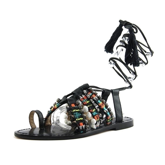 SCHUTZ Patricia Black Leather Lace Up Gladiator Pom Pom Aztec Rhinestone Sandals - Picture 1 of 8